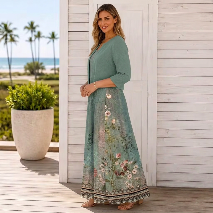 Women’s Floral Border Print Maxi Dress &amp; Cropped Cardigan Set