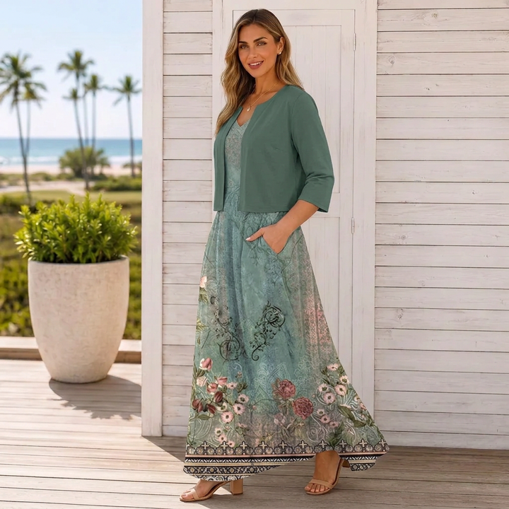 Women’s Floral Border Print Maxi Dress &amp; Cropped Cardigan Set