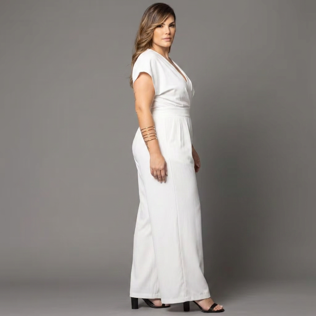 Women’s Wide-Leg Wrap Jumpsuit | V-Neck Short-Sleeve Elegant Fit