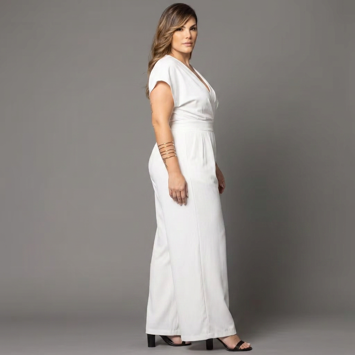 Women’s Wide-Leg Wrap Jumpsuit | V-Neck Short-Sleeve Elegant Fit