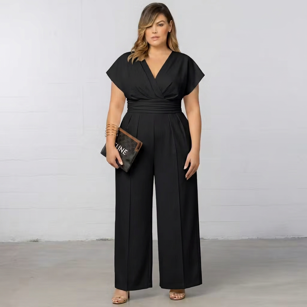 Women’s Wide-Leg Wrap Jumpsuit | V-Neck Short-Sleeve Elegant Fit