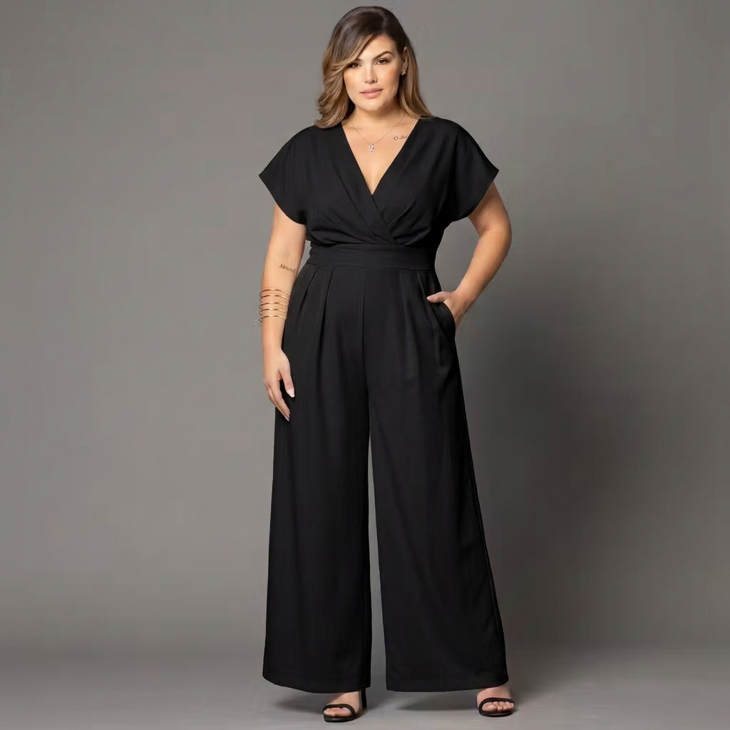 Women’s Wide-Leg Wrap Jumpsuit | V-Neck Short-Sleeve Elegant Fit