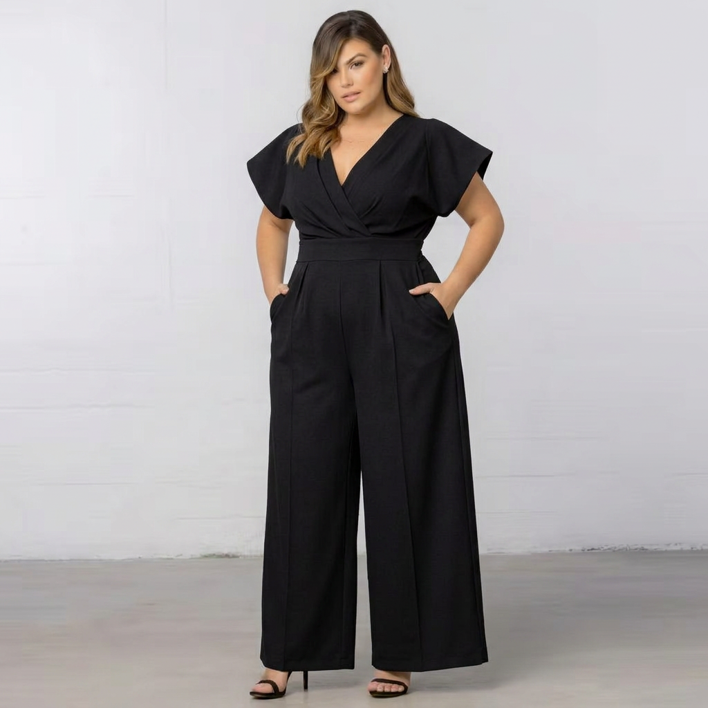 Women’s Wide-Leg Wrap Jumpsuit | V-Neck Short-Sleeve Elegant Fit
