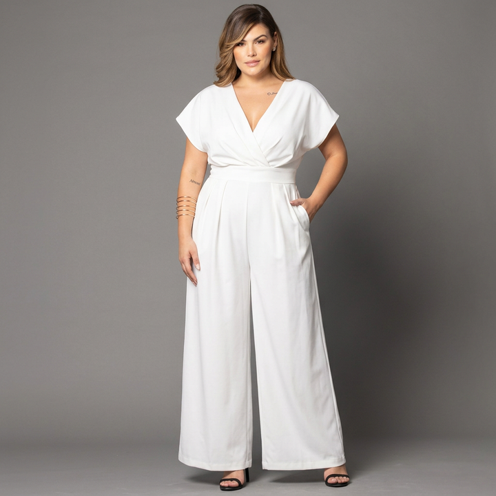 Women’s Wide-Leg Wrap Jumpsuit | V-Neck Short-Sleeve Elegant Fit