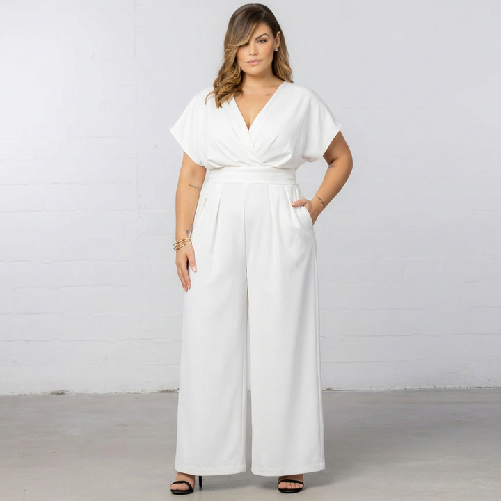 Women’s Wide-Leg Wrap Jumpsuit | V-Neck Short-Sleeve Elegant Fit