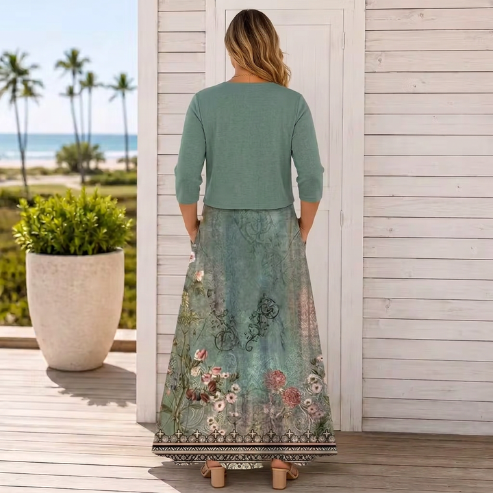 Women’s Floral Border Print Maxi Dress &amp; Cropped Cardigan Set