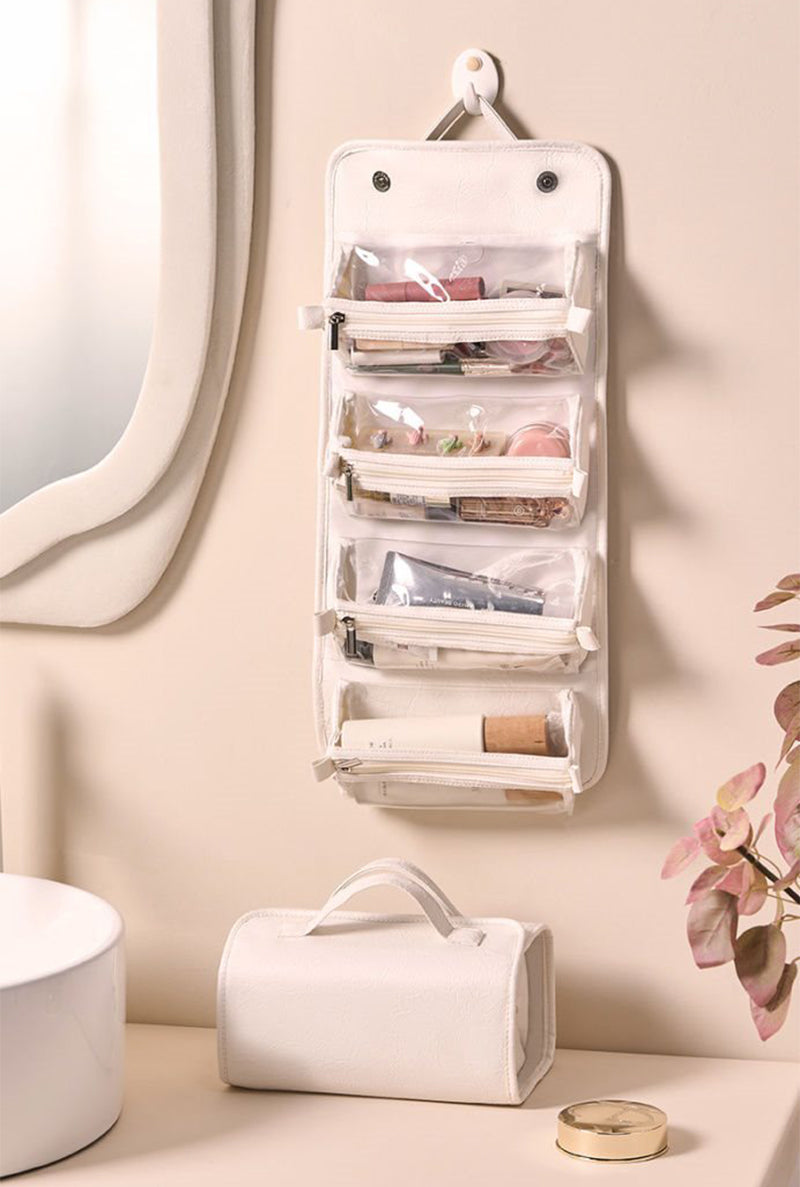 Cream toiletry bag with clear pouches
