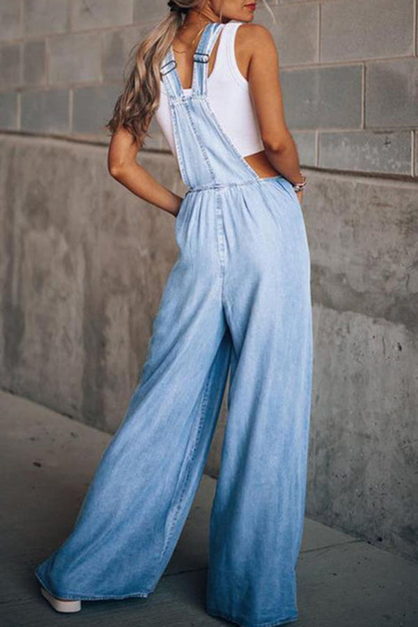Esm - Fashion Casual Solid Pocket Spaghetti Strap Loose Jumpsuits
