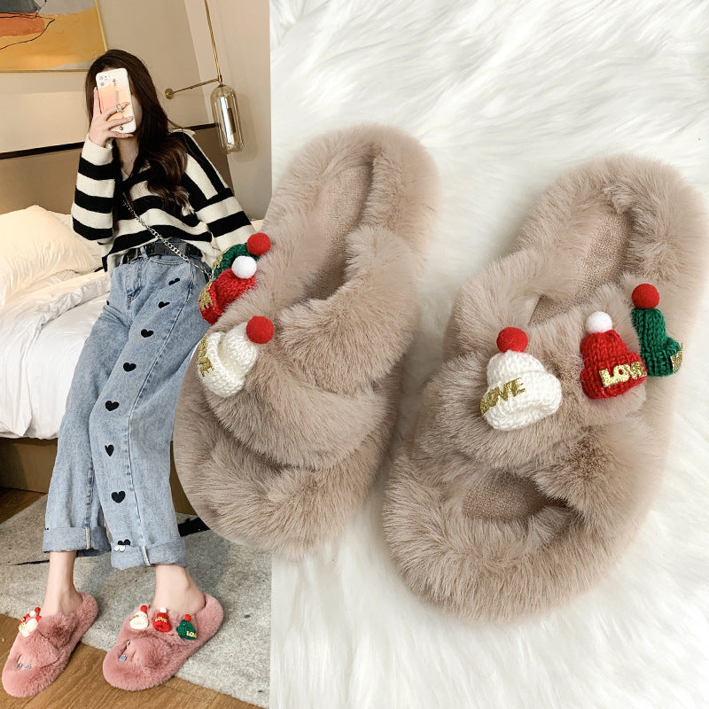 Christmas Hat Fluffy Slippers, Warm Toe-Covering Style