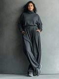 Women's Charcoal Knit Set with High Neck and Wide Leg Pants