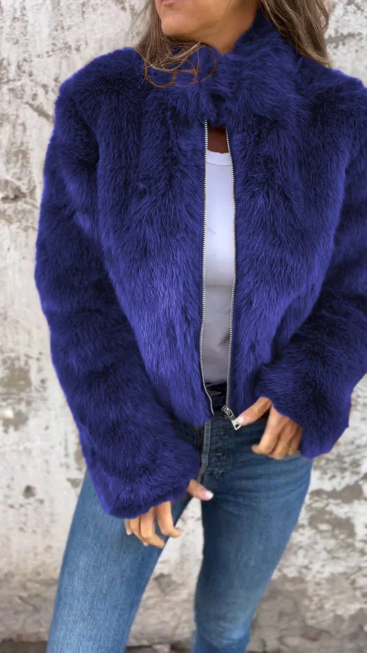 Faux Fur Stand Collar Jacket for Women, Zip-Up Fleece Coat