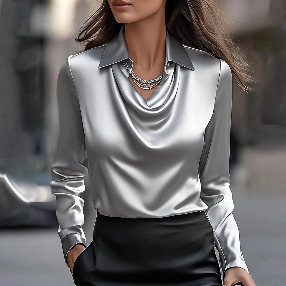 Satin Swing Collar Blouse, Elegant Draped Pullover Top