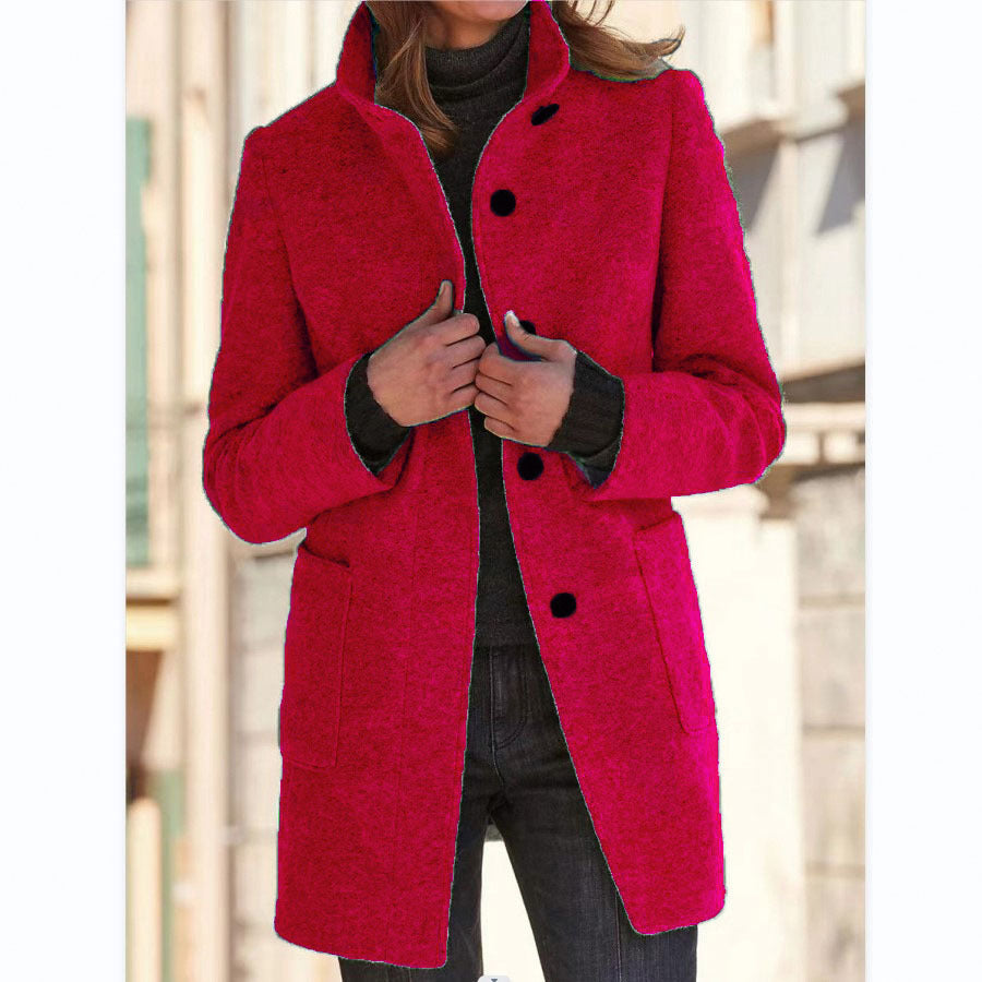 Woman in stand collar button coat