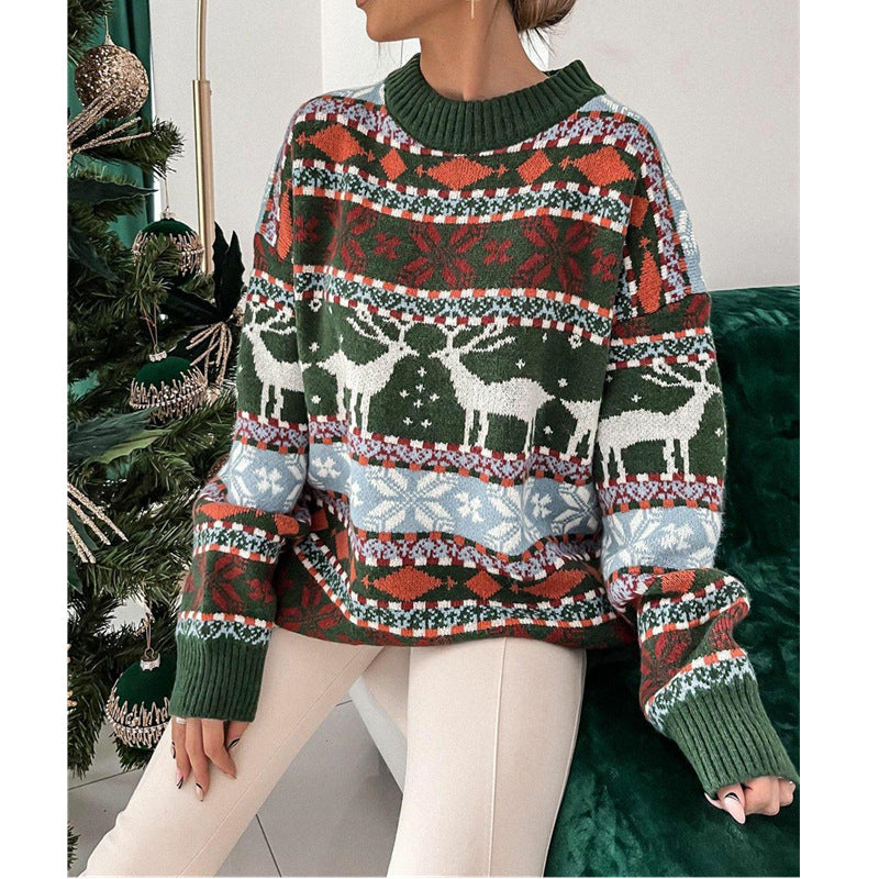 Women's Christmas Jacquard Round Neck Loose Long Sleeve Sweater
