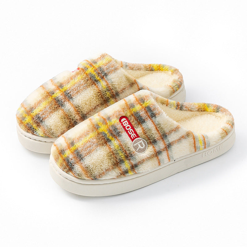 Plush Plaid Cotton House Slippers, Warm and Non-Slip