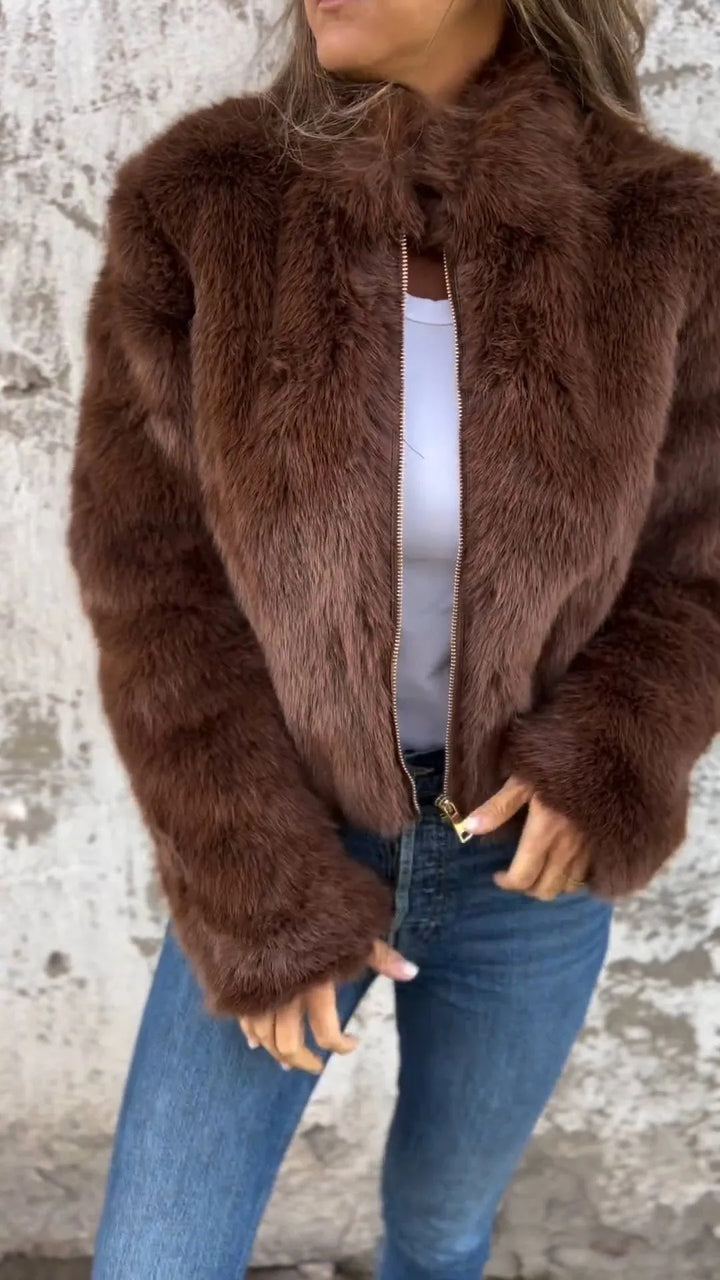 Faux Fur Stand Collar Jacket for Women, Zip-Up Fleece Coat