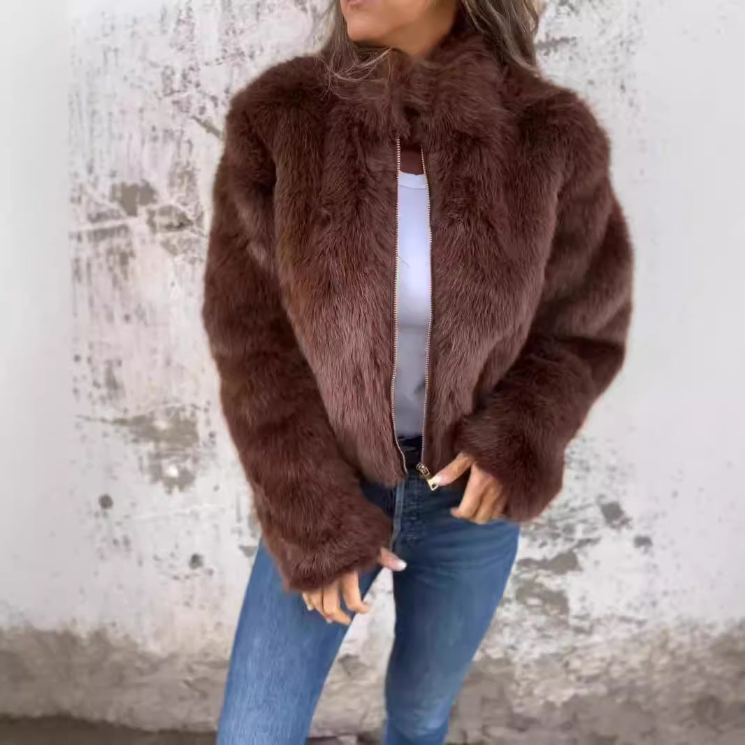 Faux Fur Stand Collar Jacket for Women, Zip-Up Fleece Coat