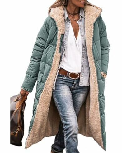 Hooded Long Coat for Women, Double-Sided Winter Cardigan Jacket