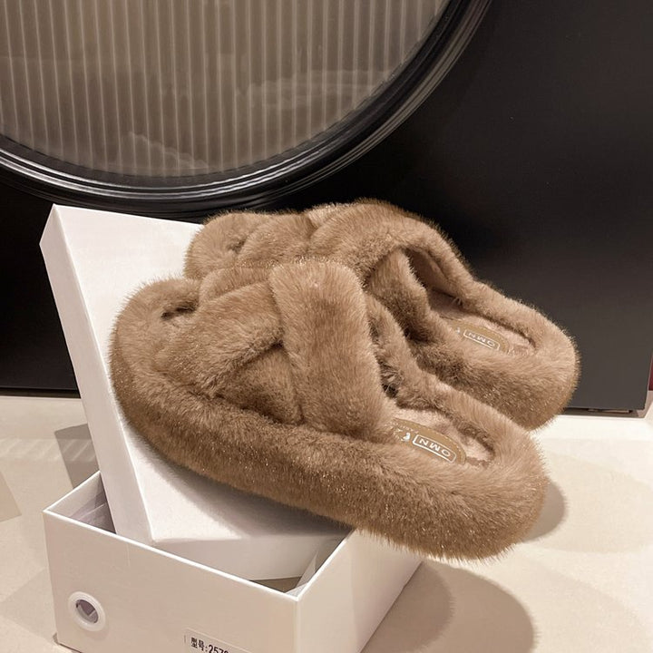 Plush Cross-Strap Fluffy Slides with Rubber Platform Sole
