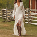 Boho Lace Maxi Dress with V-Neck and Fringe Sleeves