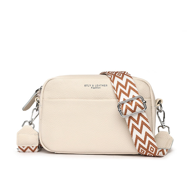 Leather camera crossbody bag with wide strap