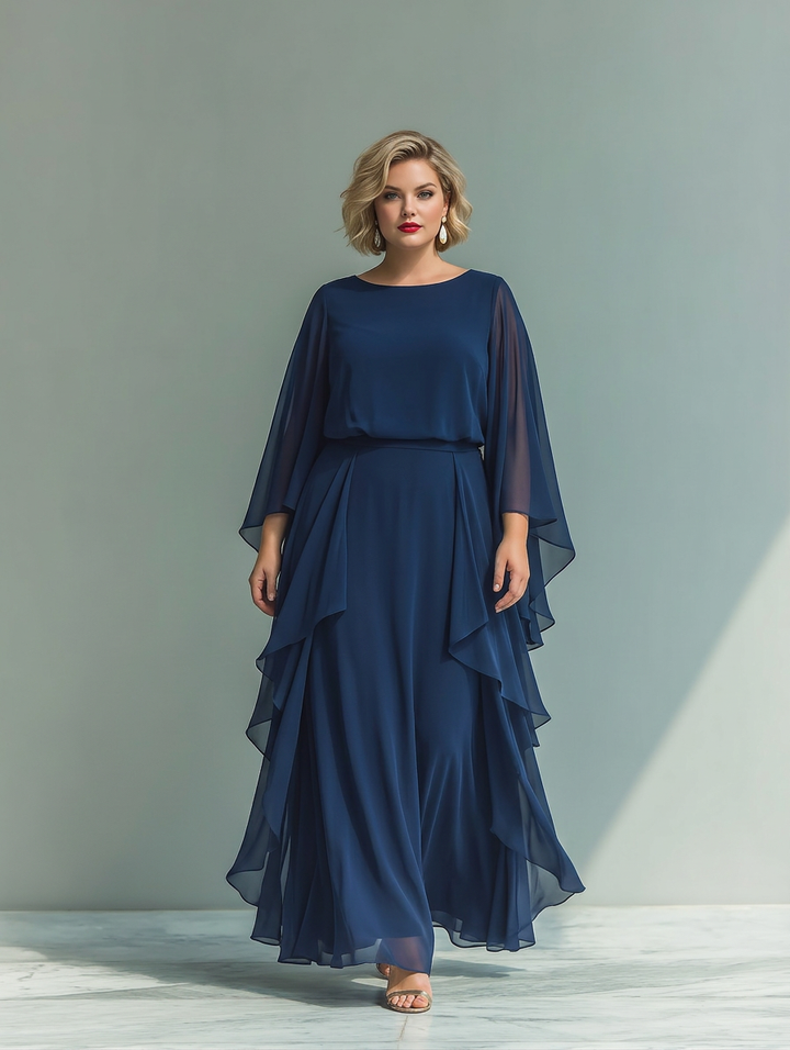 Navy Blue Chiffon Top Set with Flared Sleeves and Straight Leg Pants with Ruch Details