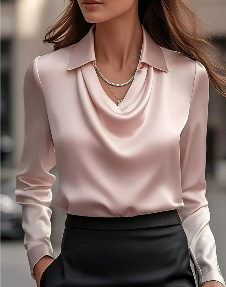 Satin Swing Collar Blouse, Elegant Draped Pullover Top