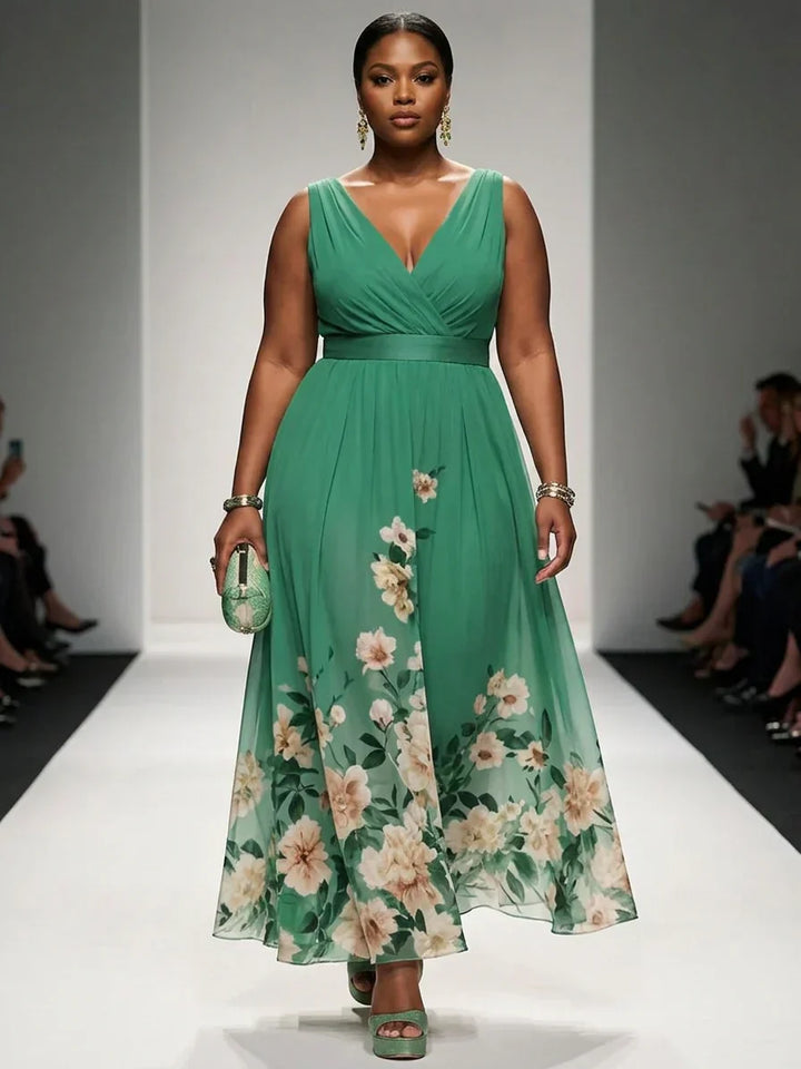 Salma | Light Blue Floral Chiffon V-Neck Maxi Dress