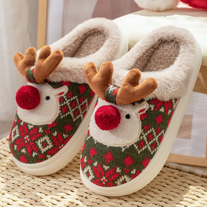 Embroidered Reindeer Christmas Slippers – Plush and Non-Slip