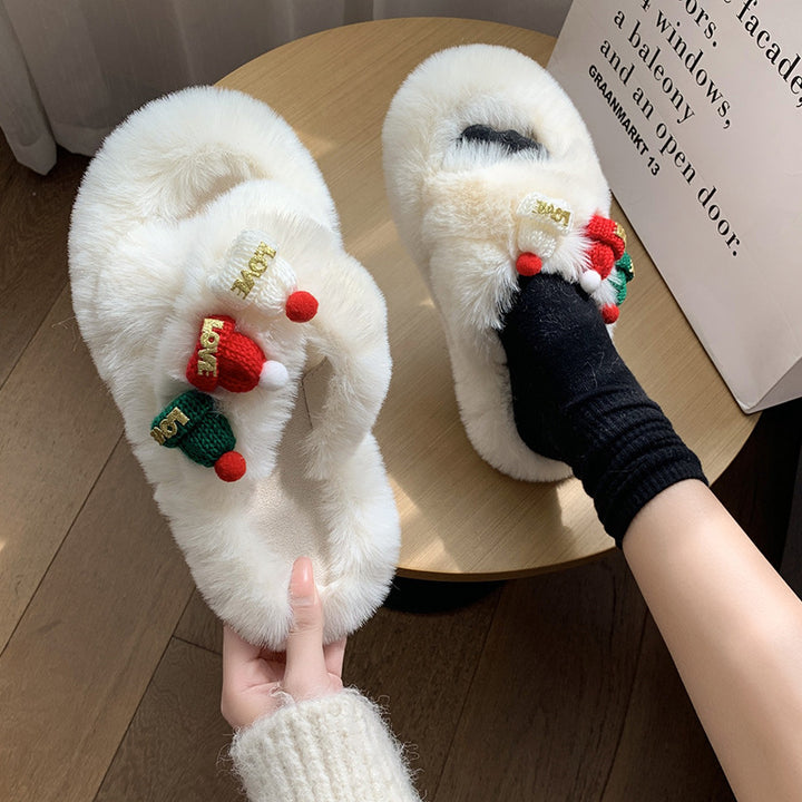 Christmas Hat Fluffy Slippers, Warm Toe-Covering Style