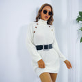 Turtleneck Long Sweater Dress with Button Detail, Warm Knit