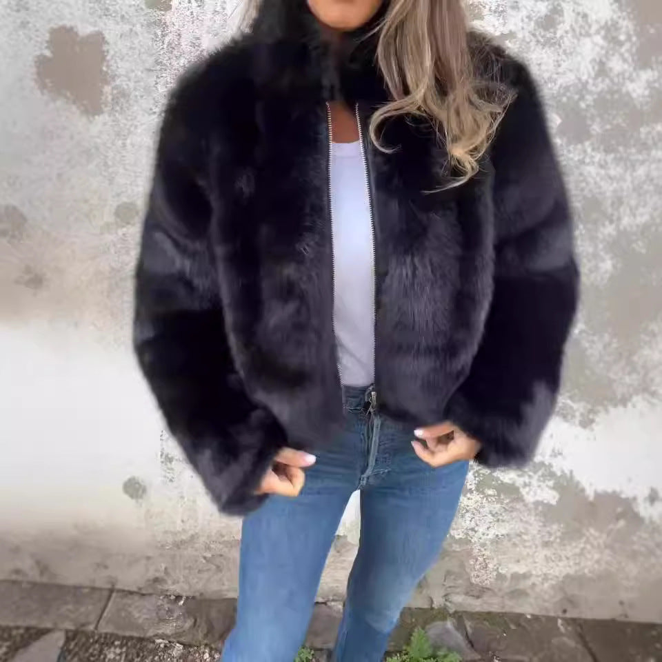 Faux Fur Stand Collar Jacket for Women, Zip-Up Fleece Coat