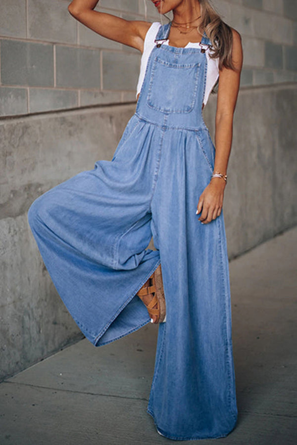 Esm - Fashion Casual Solid Pocket Spaghetti Strap Loose Jumpsuits