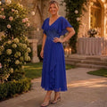 Rhea | V-Neck Flutter Sleeve Embellished Waist Maxi Dress