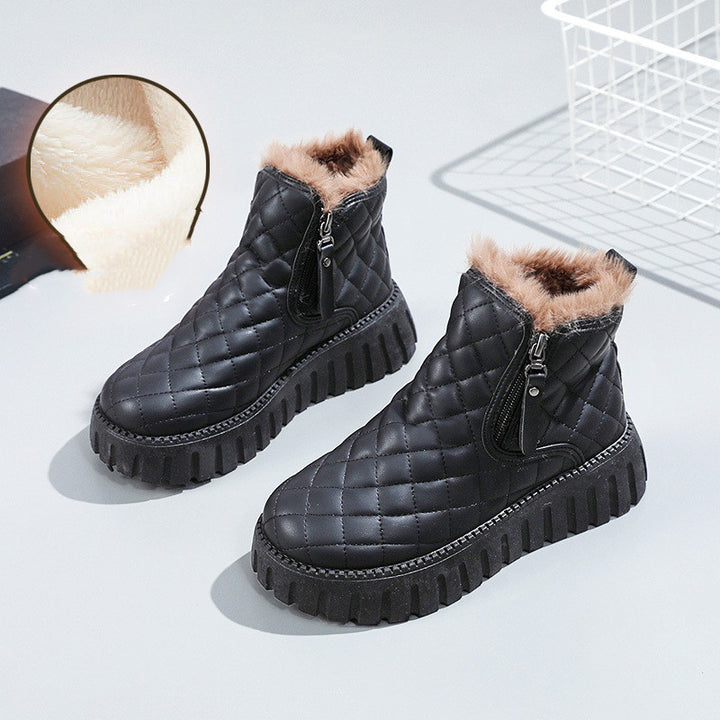 Plaid Platform Ankle Boots for Women, Plush-Lined Snow Boots
