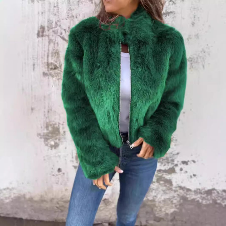 Faux Fur Stand Collar Jacket for Women, Zip-Up Fleece Coat