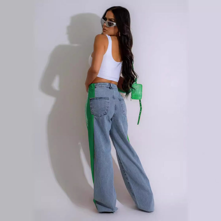 High waisted wide leg jeans with a bold side stripe and stretch