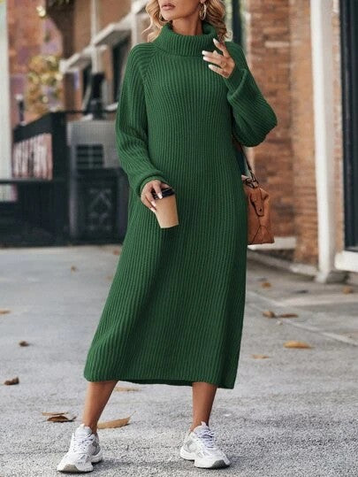 Woman in a long turtleneck sweater dress