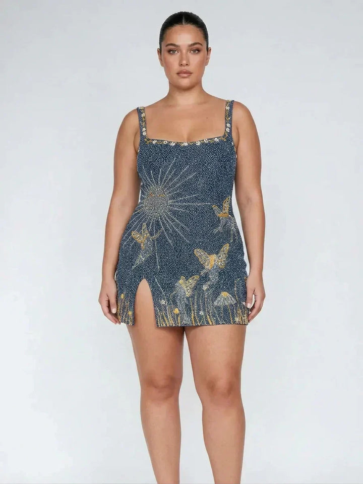 Eira  Midnight Blue Beaded Mini Dress