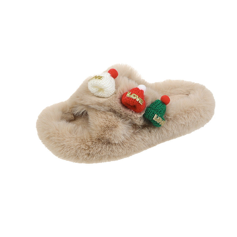 Christmas Hat Fluffy Slippers, Warm Toe-Covering Style
