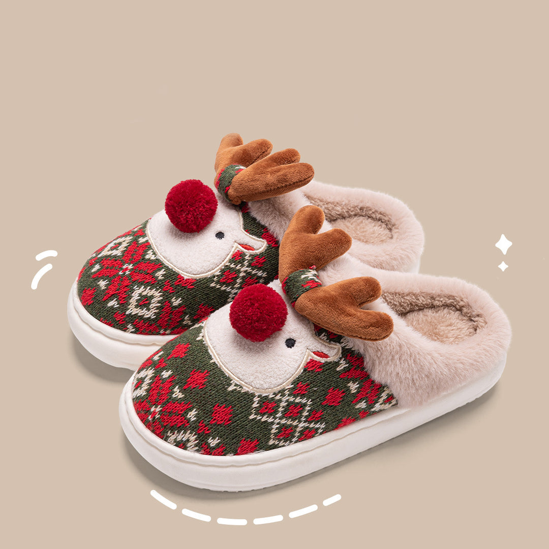 Embroidered Reindeer Christmas Slippers – Plush and Non-Slip