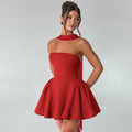 Woman in a strapless flared mini dress
