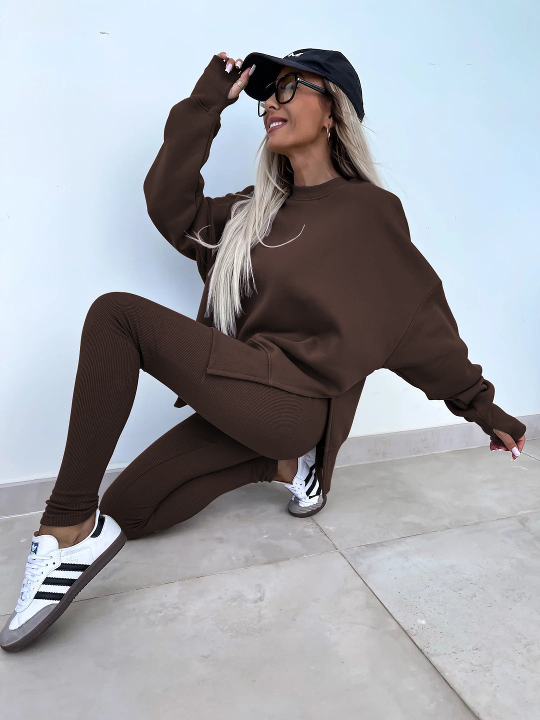 Casual Sweater Suit, Loose Crew Neck Split Top and Tight Pants