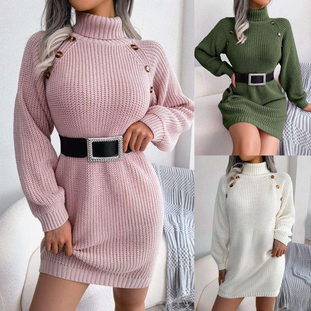 Turtleneck Long Sweater Dress with Button Detail, Warm Knit