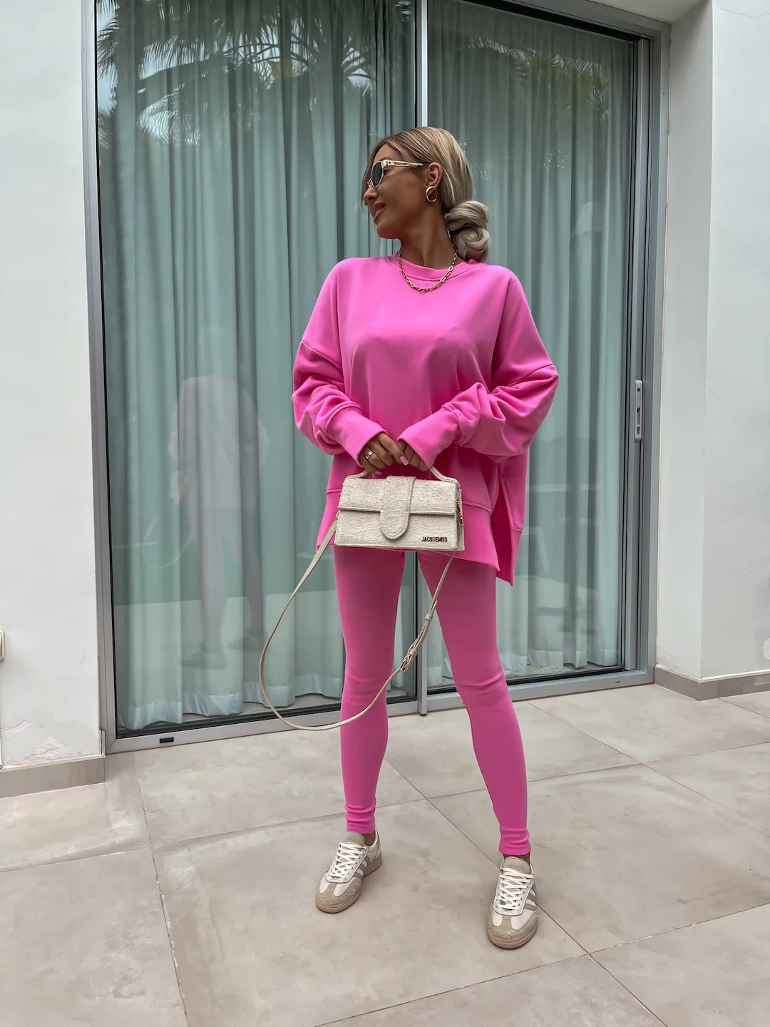 Casual Sweater Suit, Loose Crew Neck Split Top and Tight Pants