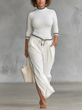 Women's Two-Piece Set: Long Sleeve Sporty T-Shirt with High Neck and Loose Pants with Drawstring
