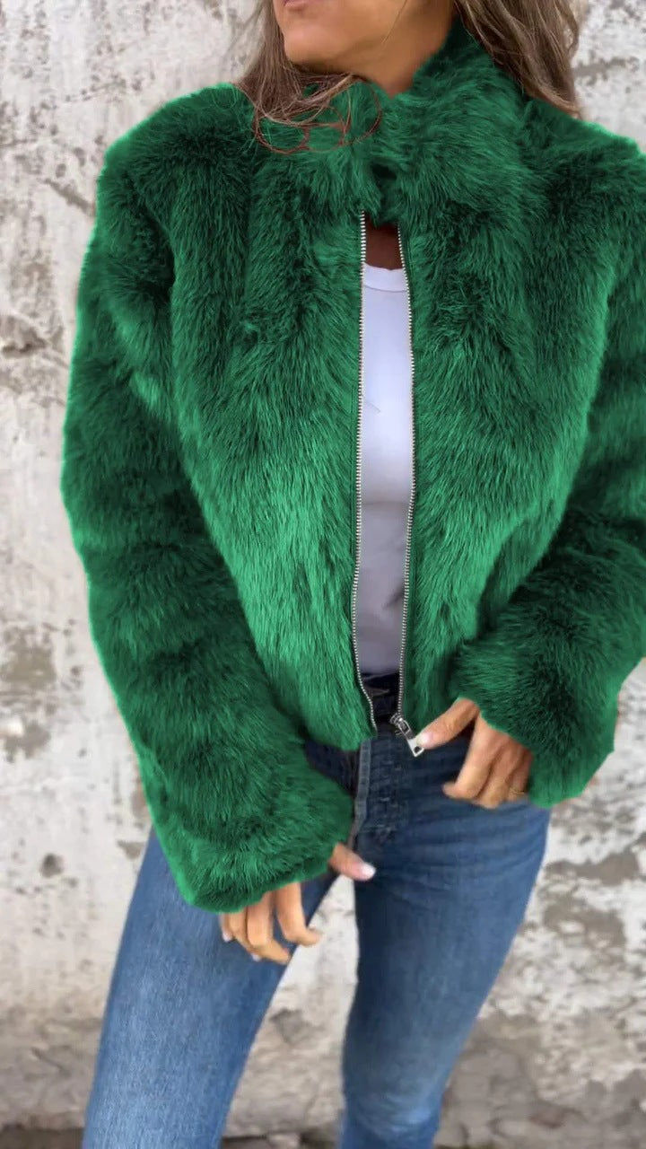 Faux Fur Stand Collar Jacket for Women, Zip-Up Fleece Coat
