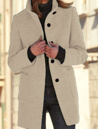 Woman in stand collar button coat