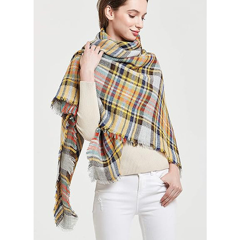 Women's Yellow and Blue Plaid Scarf, Soft Tassel Wrap