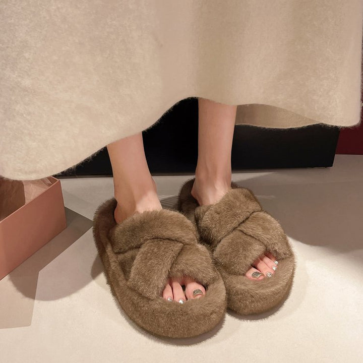 Plush Cross-Strap Fluffy Slides with Rubber Platform Sole